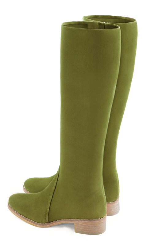 Pistachio green women's riding knee-high boots. Round toe. Low leather soles. Made to measure. Rear view - Florence KOOIJMAN